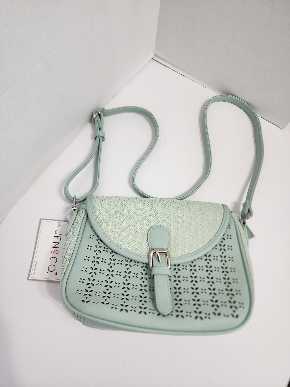 NWT Jen & Co Carol Mint Vegan Crossbody Purse Woven Laser Cut